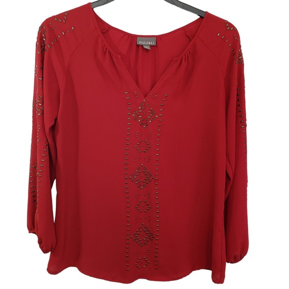 Roz & Ali Long Sleeve V-neck Blouse with Studded Decor; Size Small - Picture 1 of 12